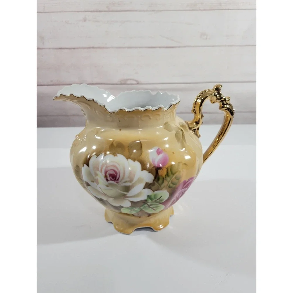 Lefton China Porcelain Pitcher 3114 Hand Painted Beige Floral Gold Trim 6.5